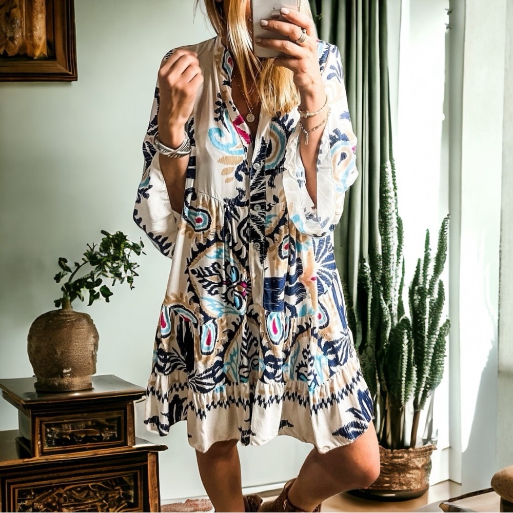 Boho Cream Dress with Navy & Aqua Motif